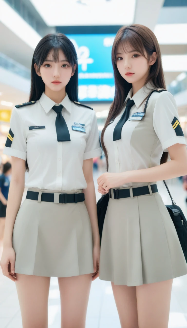 two women in uniform posing for a picture in a mall, trending at cgstation, trending on cgstation, beautiful sci - fi twins, two beautiful anime girls, wlop and sakimichan, nixeu and sakimichan, sakimichan, realistic anime 3 d style, hyperrealistic , anime girl cosplay, realistic young gravure idol