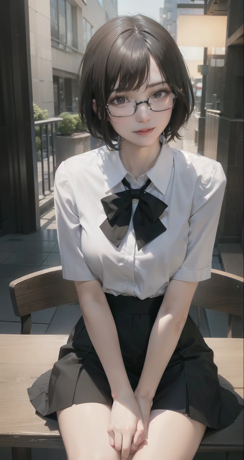 { masterpiece : best quality : detailed face : high resolution : detailed lips : unity 8k wallpaper : 3d realistic illustration } { Background = Library } { Teenager : Short smart hair : : perfect slender body : perfectly small shape breast : glasses : : white collar shirt : knee-lengthblack skirt : sitting : studying}