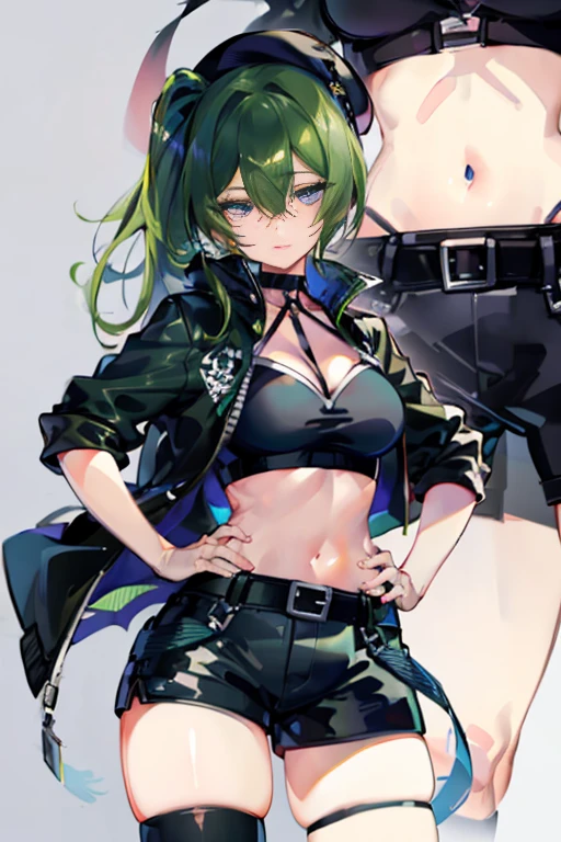 Bruise,dark green hair,long hair,side ponytail,hair between eyes,bangs,
break (beret, black jacket, open clothes, cleavage, abdomen, black shorts, black stockings, thigh strap, fingerless gloves, single glove:1.2)
break blurry background,
break pose, put your hand on your waist,
break (masterpiece:1.2), highest quality, High resolution, unity 8k wallpaper, (figure:0.8), (detailed and beautiful eyes:1.6), highly detailed face, perfect lighting, Very detailed CG, (perfect hands, perfect anatomy),
