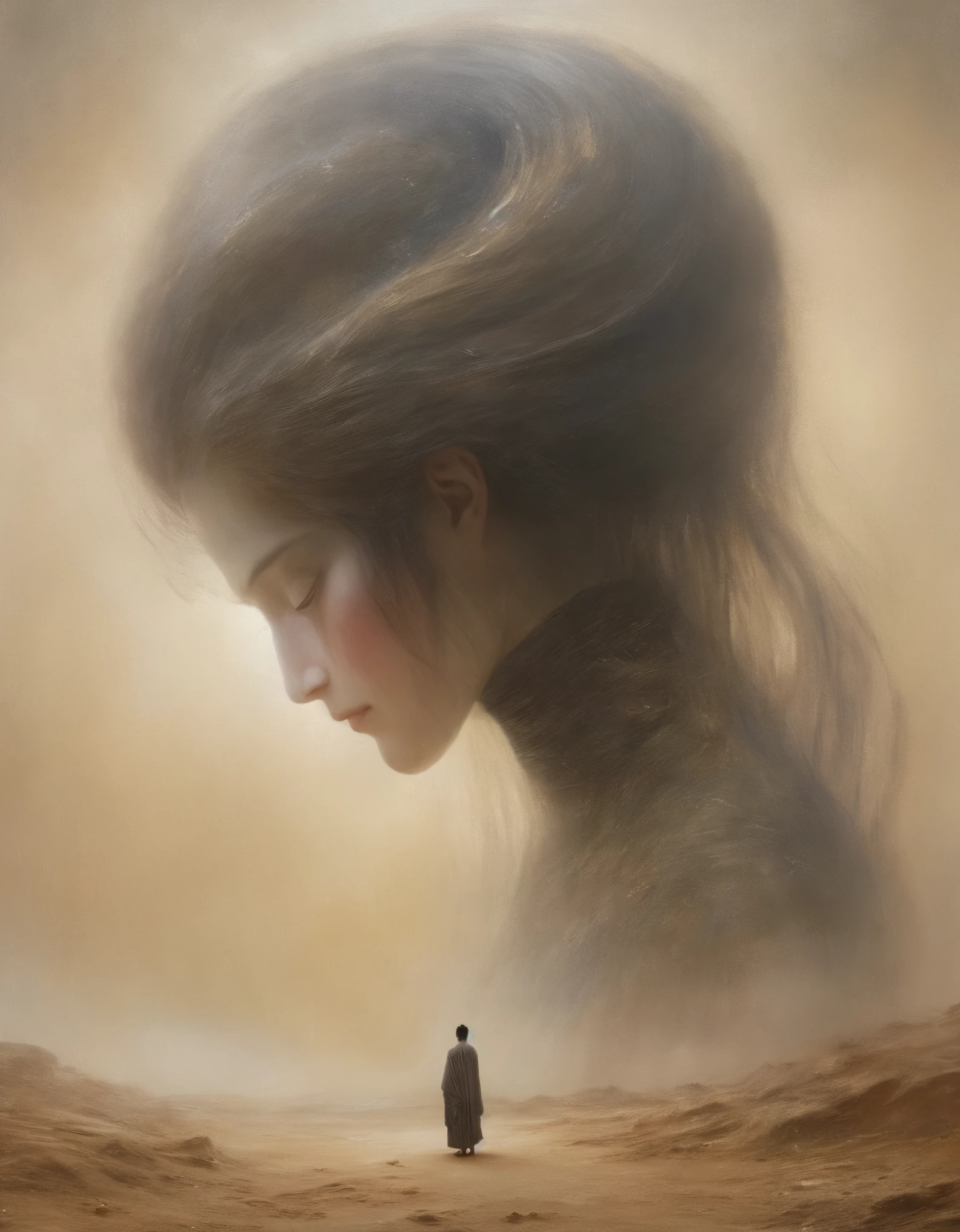 look up,BDO Arts,“huge沉默雕塑如来佛的头像”和一个小小的人类,huge的,拥有mysterious power如来佛的头像,Extraterrestrial or unknown origin,maker,mysterious power
,With extreme、unusual or unpredictable qualities,huge,Closed,Clam up,灵感来自科幻Movie《dune》,用极致的画面美学和音乐呈现了huge与渺小的对比:The almost god-like "Tathagata Buddha's head",Vast desert environment,megabuildings、huge的几何线条,All of them highlight the insignificance of human beings and the infinity of the universe.。Mist background,Movie,Epic graphics,grand,Small human beings