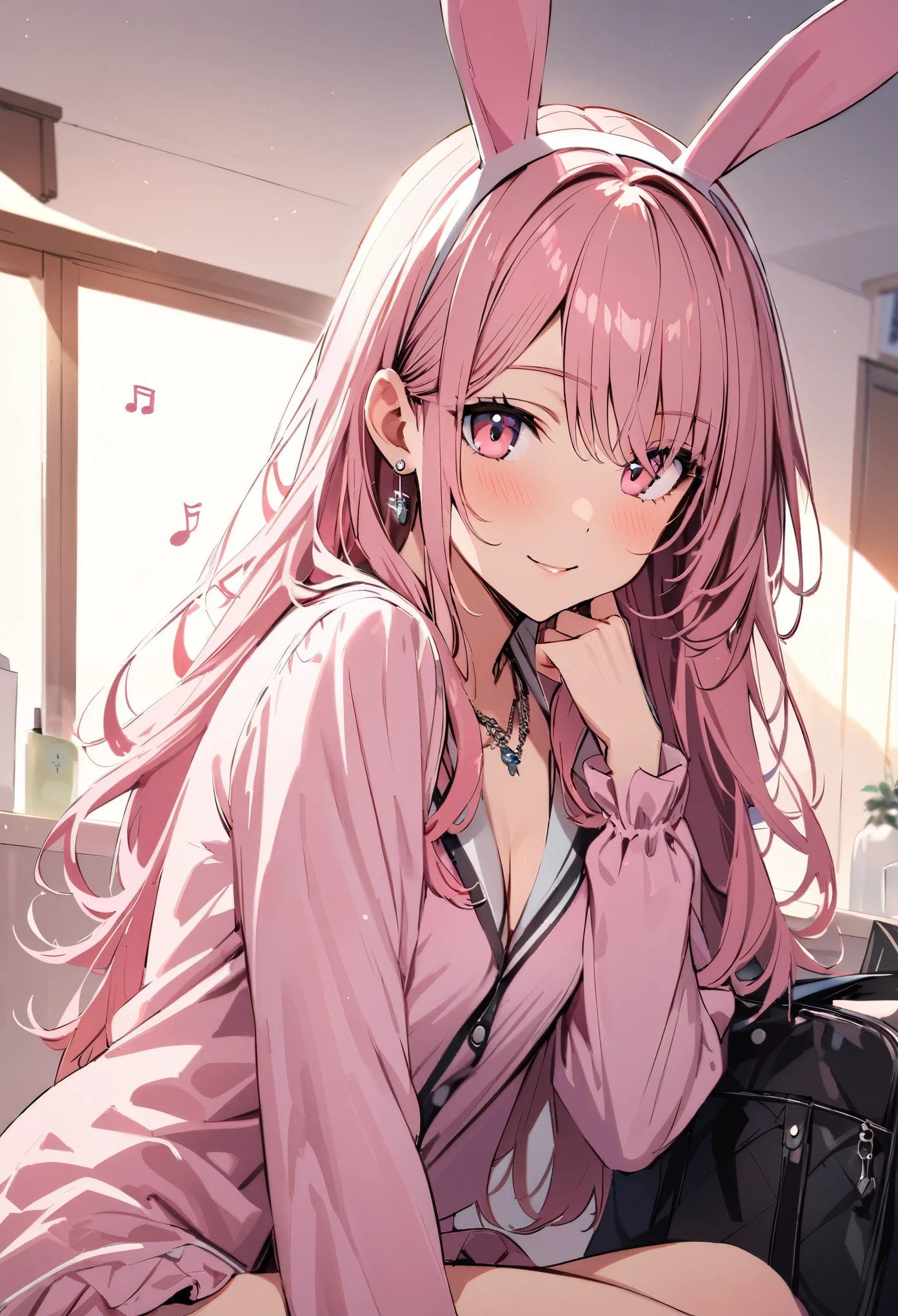 masterpiece, highest quality, Super fine, super fine, 4k, 8K, highest quality, beautiful, cute woman, alone, (beautiful pink hair, beautiful pink eyes, beautiful eyes, long hair, Bunny ears, smile),
Rest Room with cozy bed, pajamas,
break prada, necklace, earrings, accessories, bag,
great lighting, bloom, Exceptional resolution, Super detailed, highest quality, High resolution, Audio Notes,