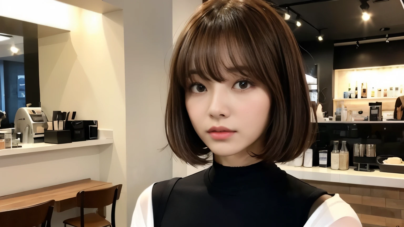 brown hair、short hair、With bangs、Beautiful woman、sexy body、Jacket(The inner layer is a black scoop neck T-shirt..)、inside a stylish cafe