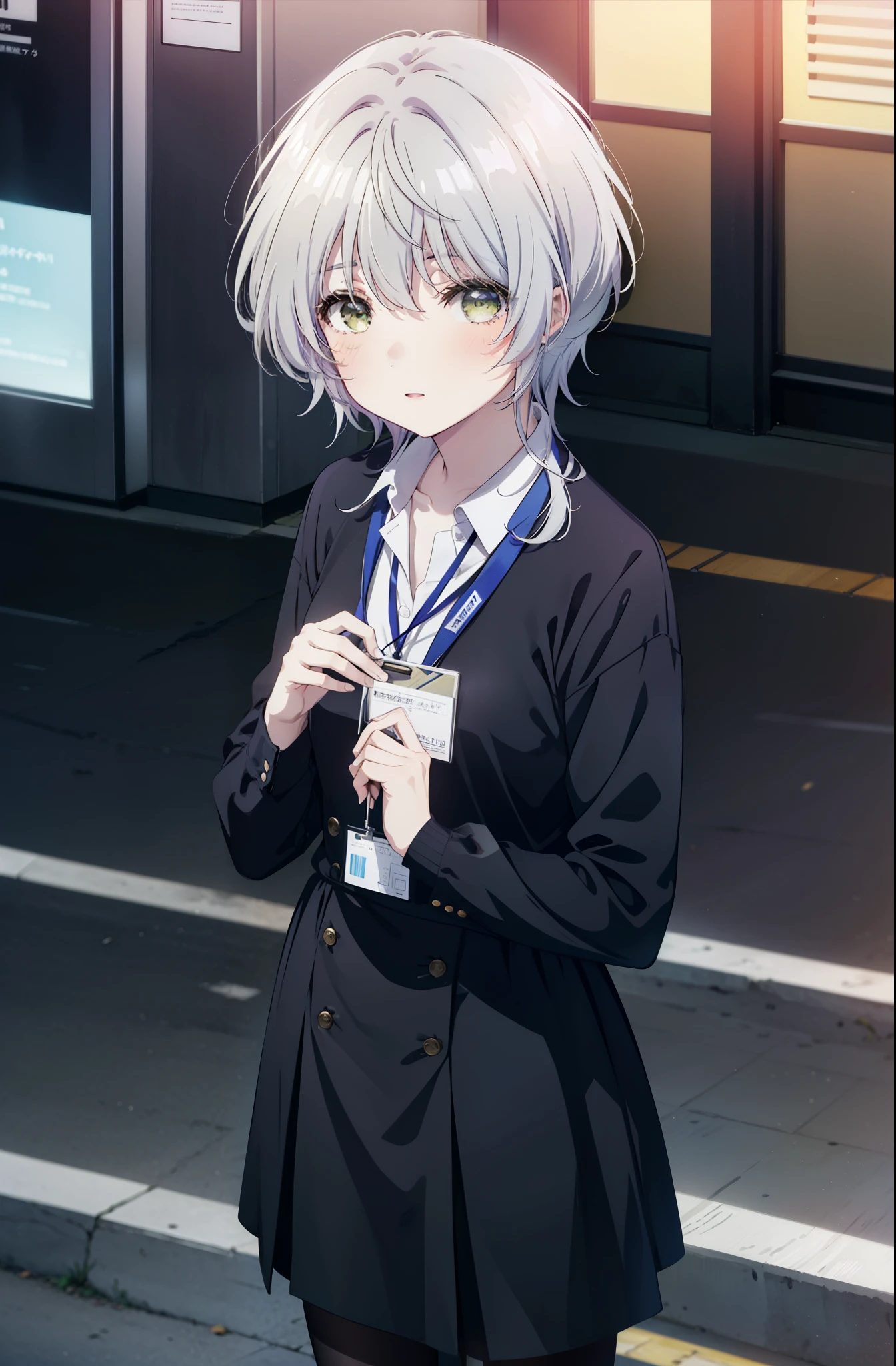 fuukakikuchi, fuuka kikuchi, short hair, bangs, hair between eyes, (green eyes:1.3), gray hair,smile,blush,
black suit jacket, collared jacket, white dress shirt, collared shirt, neckline, button, strap, ID card on neck, black pencil skirt, black pantyhose, Heel,looking at the viewer, (Medium chest:1.2),morning,morning日,the sun is rising,Business Back,
break outdoors, city,building street,
break looking at viewer,whole body, (cowboy shot:1. 5)
break (masterpiece:1.2), highest quality, High resolution, unity 8k wallpaper, (shape:0.8), (fine and beautiful eyes:1.6), highly detailed face, perfect lighting, Very detailed CG, (perfect hands, perfect anatomy),