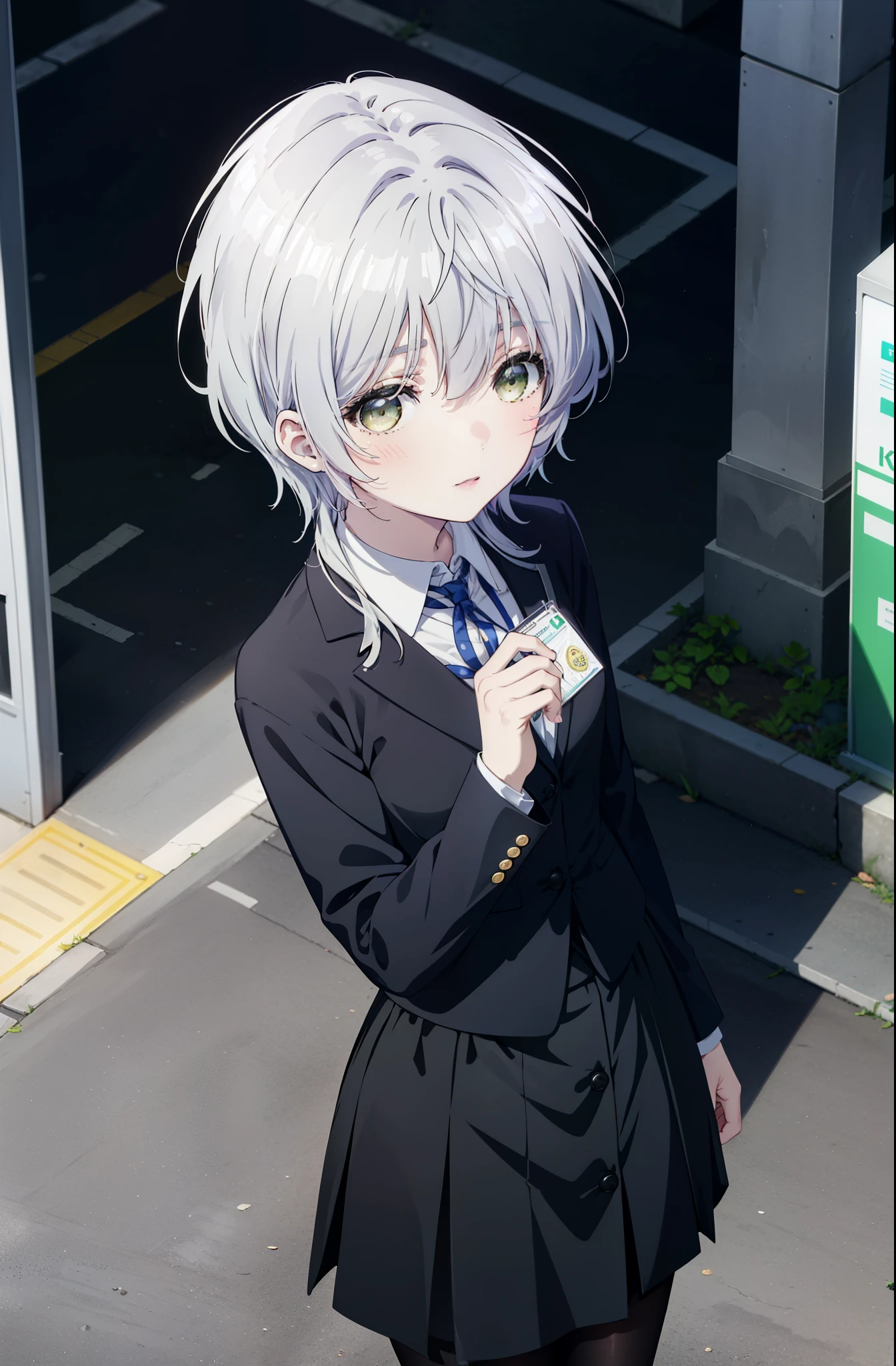 fuukakikuchi, fuuka kikuchi, short hair, bangs, hair between eyes, (green eyes:1.3), gray hair,smile,blush,
black suit jacket, collared jacket, white dress shirt, collared shirt, neckline, button, strap, ID card on neck, black pencil skirt, black pantyhose, Heel,looking at the viewer, (Medium chest:1.2),morning,morning日,the sun is rising,Business Back,
break outdoors, city,building street,
break looking at viewer,whole body, (cowboy shot:1. 5)
break (masterpiece:1.2), highest quality, High resolution, unity 8k wallpaper, (shape:0.8), (fine and beautiful eyes:1.6), highly detailed face, perfect lighting, Very detailed CG, (perfect hands, perfect anatomy),