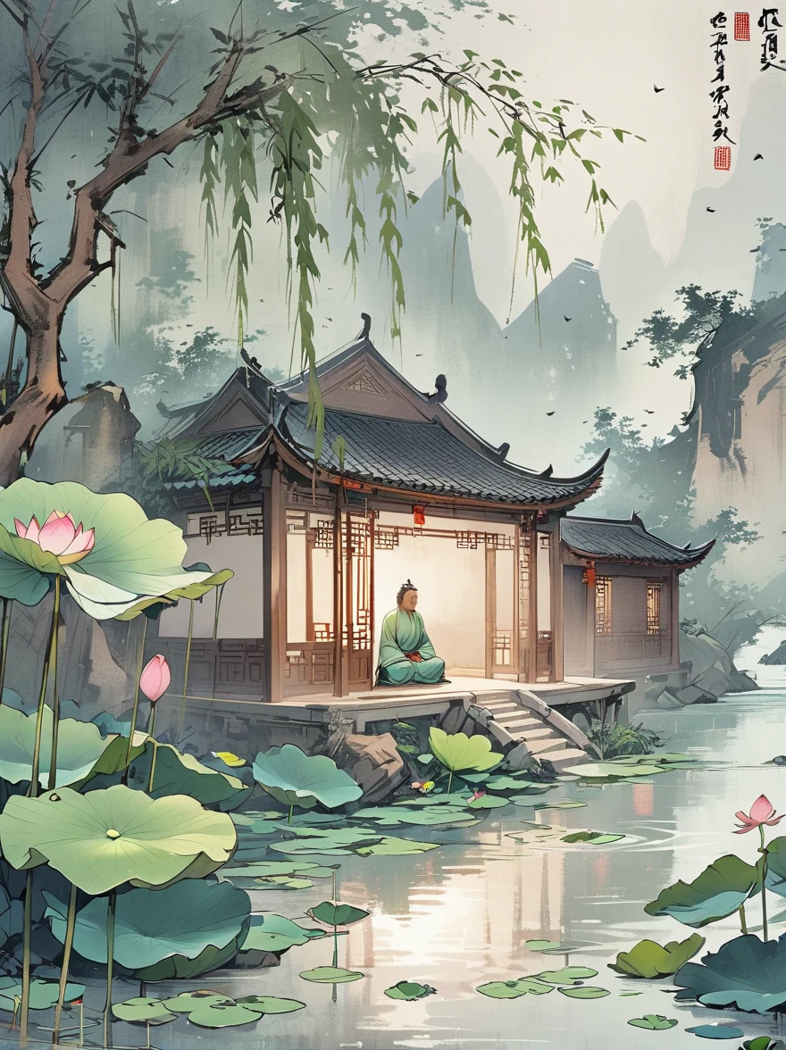 Chinese style mobile phone wallpaper, a Buddha statue in the misty lake at night with lotus flowers floating on top, a man sitting crosslegged under a bridge facing the viewer, in the style of HOURPyflamp, with a light green and dark gray background, simple, elegant, peaceful, high resolution. 
