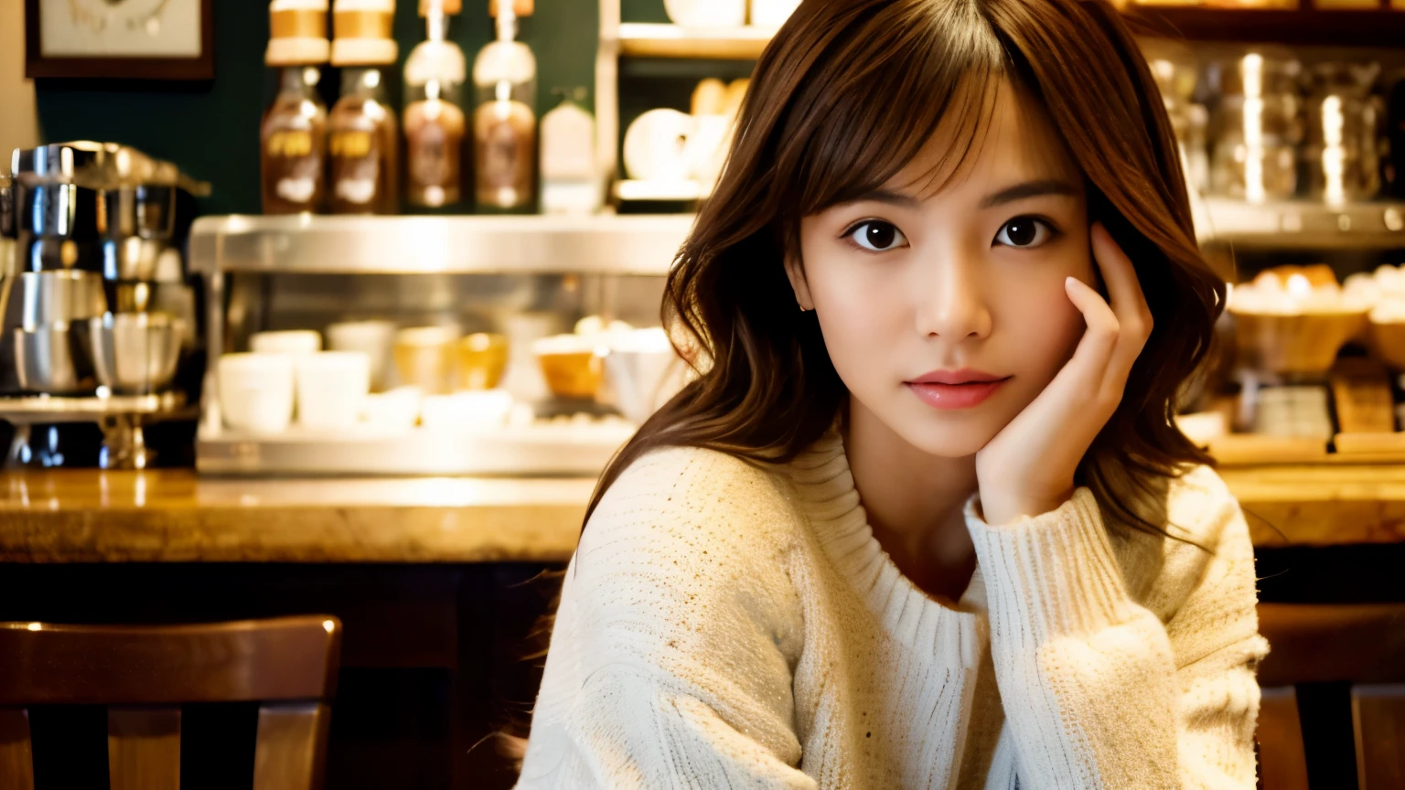 medium shot shot, Beautiful Japanese woman looking at the camera, In a café in New York, brown hair,spring