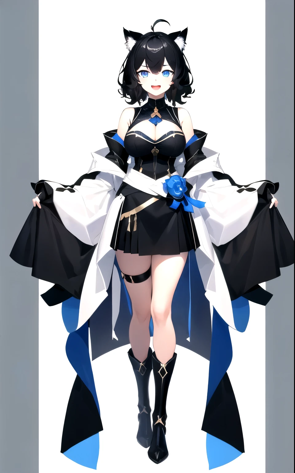 ,((upright)), ((arm at side)), looking at the viewer, simple background、white background, 1 girl, open your mouth, smile, Virtual YouTuber、with a girl、((highest quality, expensive_solve, clear_image)),(black hair), (black cat ears), (Ahoge), (ridiculously short hair), (wavy hair), (blue eyes),、laughter、very big breasts、whole body、Draw to the toes、Clothes that show cleavage、Reference sheet、((show viewer))。