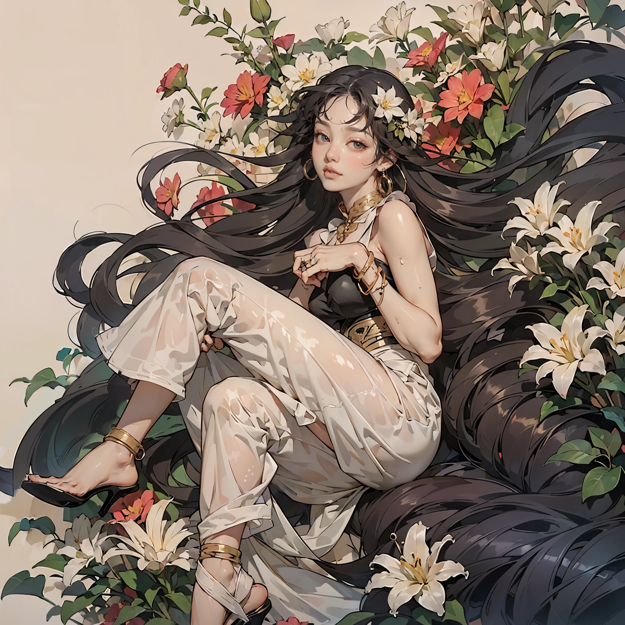 ((Create MAXZenArt!))_((One, 1 girl, whole body, topless, black sheer chiffon dress, lace), (heels, shoes), (is sitting, wet, sexual, erotic), (Hand on waist))_((makeup-mascara, soft scarlet lips), (straight black hair - long, cascade), (cold shine, wet straight black hair))_((minimalism, monotone), (simple color palettes ), (clean), (metaphysical garden), (symbolism), (abstraction), (smooth silhouettes))_((Upper layer, clear line, clear masterful drawing, clean graphic line-contour))_((nsfv), (asymmetric, geometric))_((Sexy materials and design),( Spread your legs), (erotic model), (simple, Minimum accessories), (necklaces and thin rings in silver or gold), (simple bracelets, distinctive design, simple silhouettes), (simple and erotic style))_((background),(abstraction-minimalism), (high quality materials), (fresh, color fill, Broad strokes, Simplicity and sophistication), (stunning white lilies, extremely unusual, Long stems)), ((white lilies - large stems)).