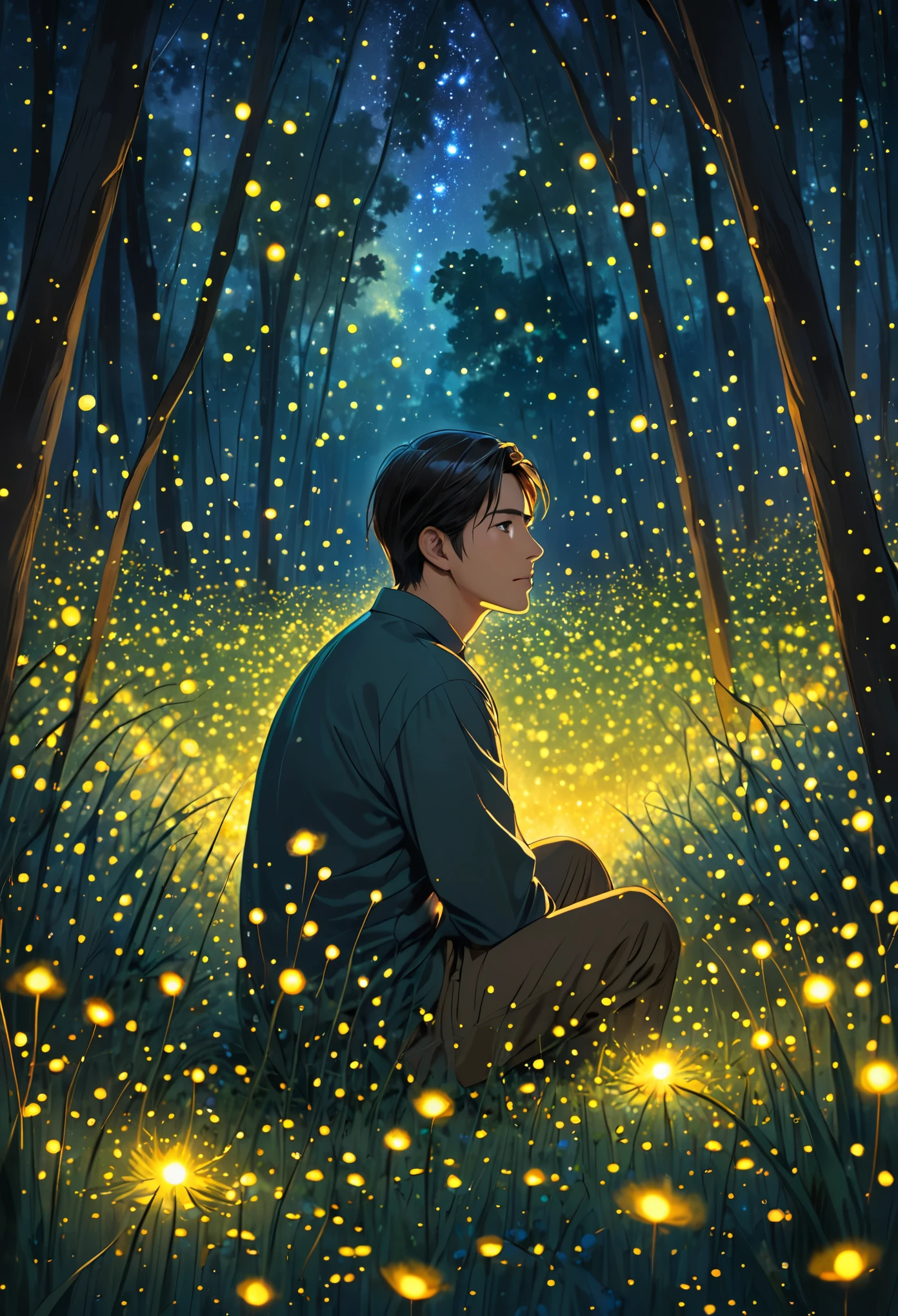 a man made of fireflies, surrounded by fireflies.