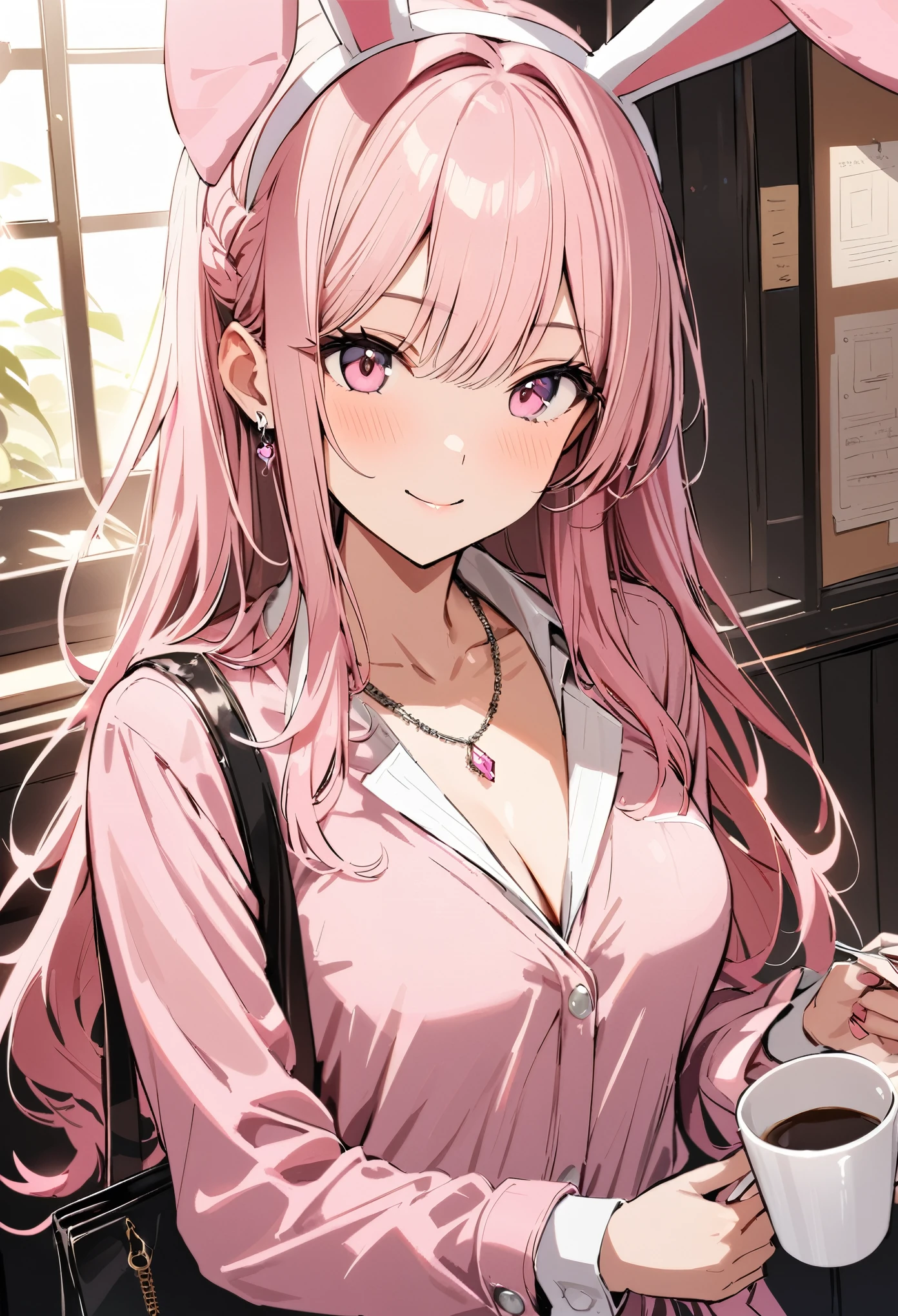 masterpiece, highest quality, Super fine, super fine, 4k, 8K, highest quality, beautiful, cute woman, alone, (beautiful pink hair, beautiful pink eyes, beautiful eyes, long hair, Bunny ears, smile),
Break Company、Business service、coffee,
break prada, necklace, earrings, accessories, bag,
great lighting, bloom, Exceptional resolution, Super detailed, highest quality, High resolution, Audio Notes,