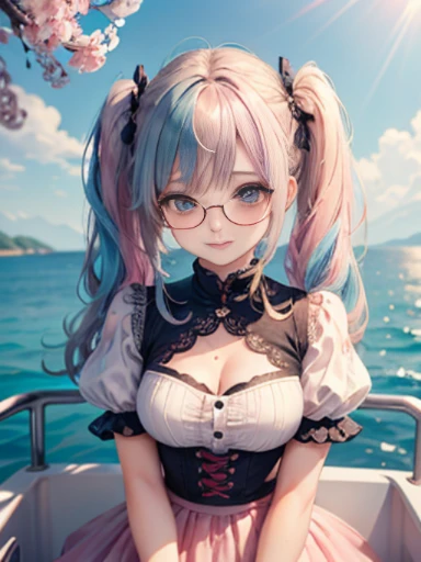 (masterpiece:1.2), (highest quality:1.2),, Curvy but slender body, perfect eyes, perfect face, perfect lighting, 1 girl,(rainbow colored hair, colorful hair, Half blue、half pink hair: 1.2), cherry blossoms、 Glasses、(Cute floral shirt),(whole bodyが見える),spring、(Exquisitely drawn、Transparent sexy clothes、polka dots、Extremely Mini、White lace skirt),curly hair, Clothes with short sleeves, 、In the sea、on the boat、, compensate, eye shadow, small breasts、thick eyelashes, fantasy, looking at the viewer, whole body,alice in wonderland、blue sky、Bright and beautiful face、young shiny glossy white shiny skin、the best beauty、the most beautiful in the world、thin hair、long hair、Shining beautiful bangs、big shining blue eyes、very beautiful and lovely 8 , the most beautiful girl in the world、twin tails、Glasses、a disappointed face、Waiting for a kiss、smile.Stylish black underwear