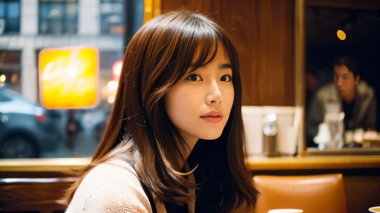 medium shot shot, Beautiful Japanese woman looking at the camera, In a café in New York, brown hair,spring