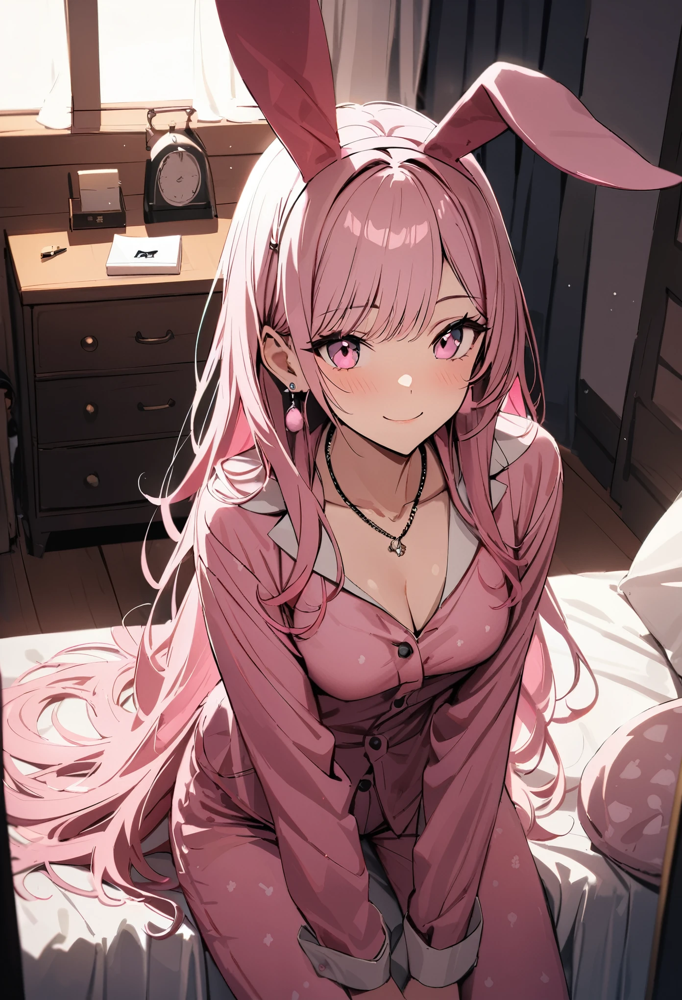 masterpiece, highest quality, Super fine, super fine, 4k, 8K, highest quality, beautiful, cute woman, alone, (beautiful pink hair, beautiful pink eyes, beautiful eyes, long hair, Bunny ears, smile),
Rest Room with cozy bed, pajamas,
break prada, necklace, earrings, accessories, bag,
great lighting, bloom, Exceptional resolution, Super detailed, highest quality, High resolution, Audio Notes,