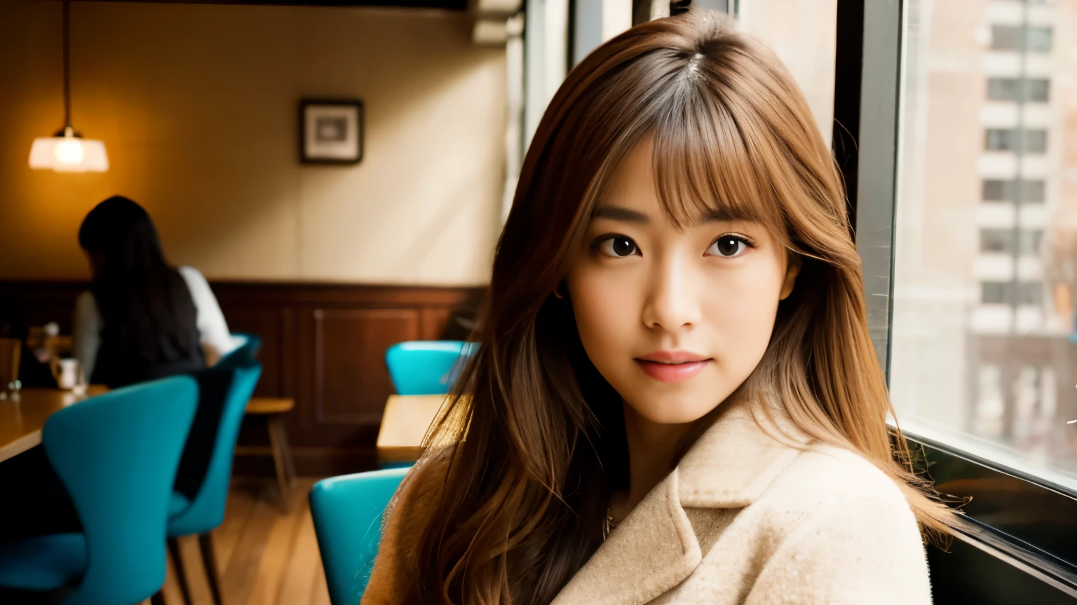 medium shot shot, Beautiful Japanese woman looking at the camera, In a café in New York, brown hair,spring