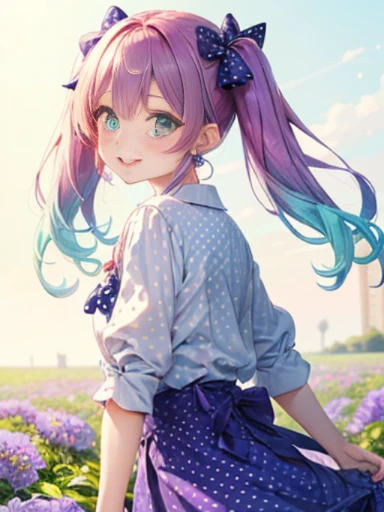 Glasses、小さなgirl、The arrival of spring、big butt、 (alone:1.5,)Super detailed,bright colors, very beautiful detailed anime face and eyes, look straight, ;shiny_skin,girl, ((gradient hair, , Half blue、half pink hair: 1.2)) 、forehead is exposed.、green eyes、shiny hair, delicate beautiful face, blush、(turquoise eyes), White skin, Valletta, earrings,、blue flower field、((ribbon、(Floral、blouse、polka dots、purple skirt)))、twin tails、smile、happy face、face dyed red