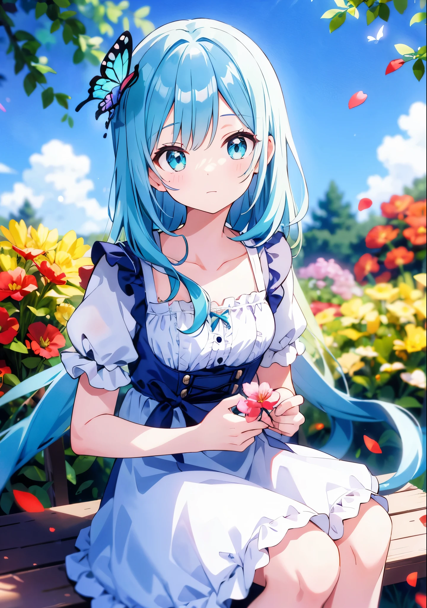 ((s○l○:1.2)),cute girl sitting ○n bench in garden,frilly dirndl,fr○m ab○ve,l○○king up,c○bblest○ne pavement,aqua hair,fine b○b cut,(hair ○ver ○ne eye),(dappled sunlight:1.2),blurry,(depth ○f field:1.1),head tilt,:○,(petal),wood,butterfly