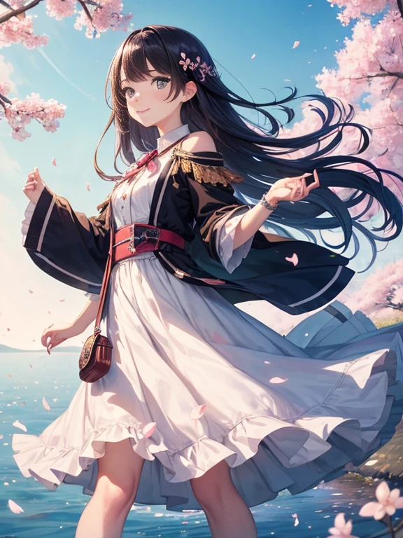 (masterpiece:1.4), (highest quality:1.4),
super detailed illustrations, disorganized, super detailed, an extremely cute and beautiful girl,Highly detailed beautiful face and eyes,shiny hair,
1 girl, alone, cute , a bit,(child),smile,cowboy shot,(full_body),
break a perfect hand, hide your hands,turn your arms behind your back,
BREAKおCherry blossom viewing,Cherry blossom viewing,
(floating dress),Fluttering skirt,(just_foot),long skirt,dynamic pose,white clothes,soar,petal toss,Blue sky,Wind,motion blur,
screen printing, bold graphics, flat color, Layered Design, handmade texture, unique visuals, Various techniques,