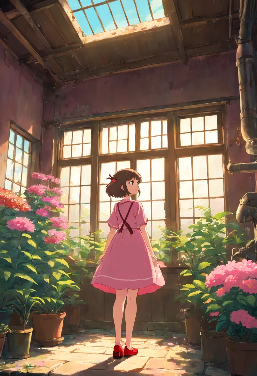 Highest quality, re-detailed, abandoned house, factory plant, pa llama, plants growing, sunlight through window, lots of pink flowers, plants hanging from ceiling, twilight, time slowly stopping, phantom image, (girl standing in middle, wearing colorful dress, red shoes, looking up)