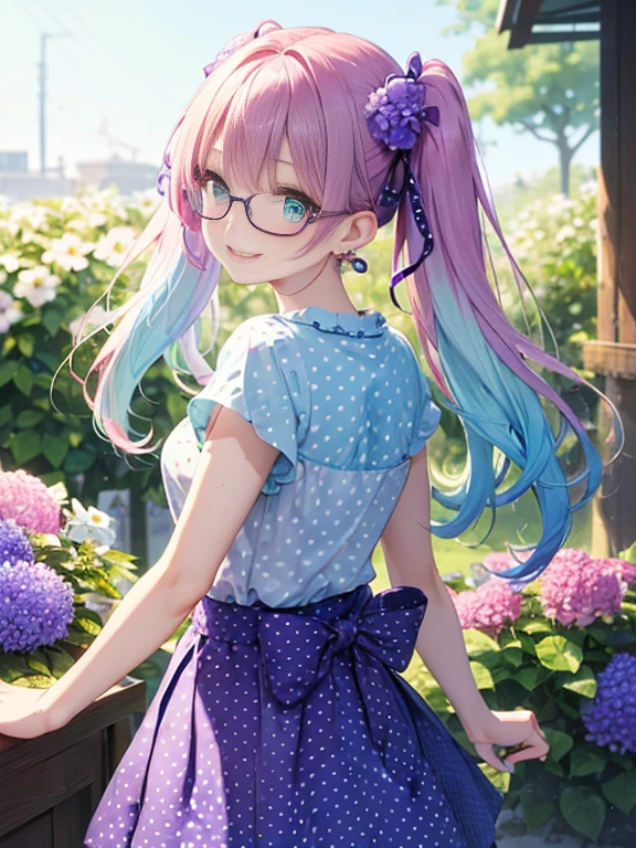 Glasses、小さなgirl、The arrival of spring、big butt、 (alone:1.5,)Super detailed,bright colors, very beautiful detailed anime face and eyes, look straight, ;shiny_skin,girl, ((gradient hair, , Half blue、half pink hair: 1.2)) 、forehead is exposed.、green eyes、shiny hair, delicate beautiful face, blush、(turquoise eyes), White skin, Valletta, earrings,、blue flower field、((ribbon、(Floral、blouse、polka dots、purple skirt)))、twin tails、smile、happy face、face dyed red