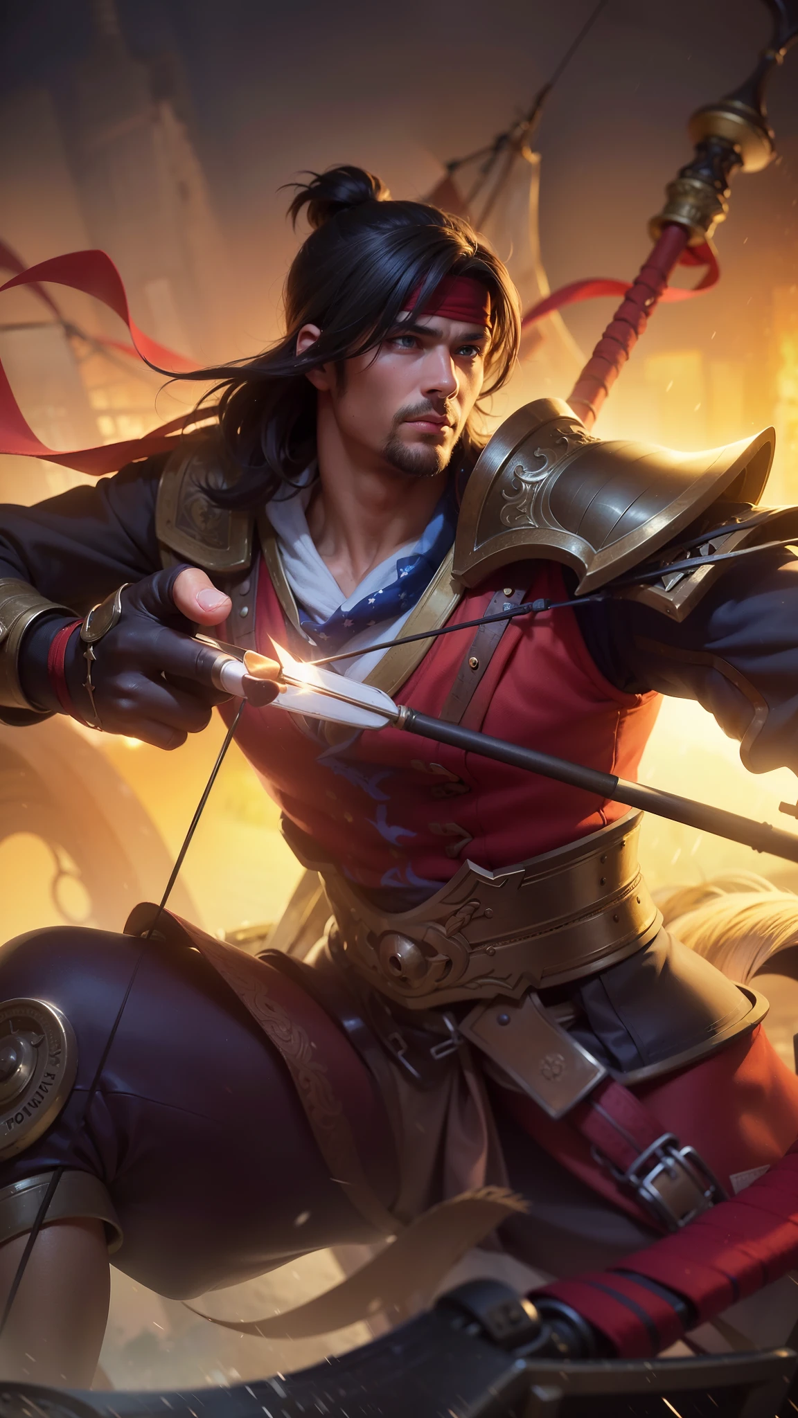 a close up of a man with a bow and arrows, 8k, ultra hd, ultra detailed texture, hyper realistic, masterpiece, detailed texture, detailed face, detailed skin, detailed lighting, (photorealistic:1.5), best quality, beautiful lighting, cinematic lighting, professional lighting, ultra highres, realistic, detailed hair, real hair, high quality, (realskin:1.5), extremely detailed, finely detail, ultra-detailed, blue eyes, red bandana.