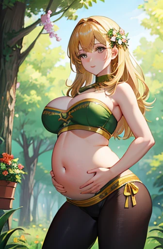 (best quality,a high resolution),Pregnant Serbian women,belly,Bare belly,Beautiful detailed eyes,golden hair,perfect makeup,fit,Wear a strapless top,leggings,huge breasts,Thin,Putting his hands on her exposed belly,,Intense pregnancy glow,Stunning style,Standing in a blooming garden,There are colorful flowers around her,Vibrant green grass,peaceful atmosphere,The gentle sunshine shines on her,Create a warm and gentle feeling,Highlight her shine.