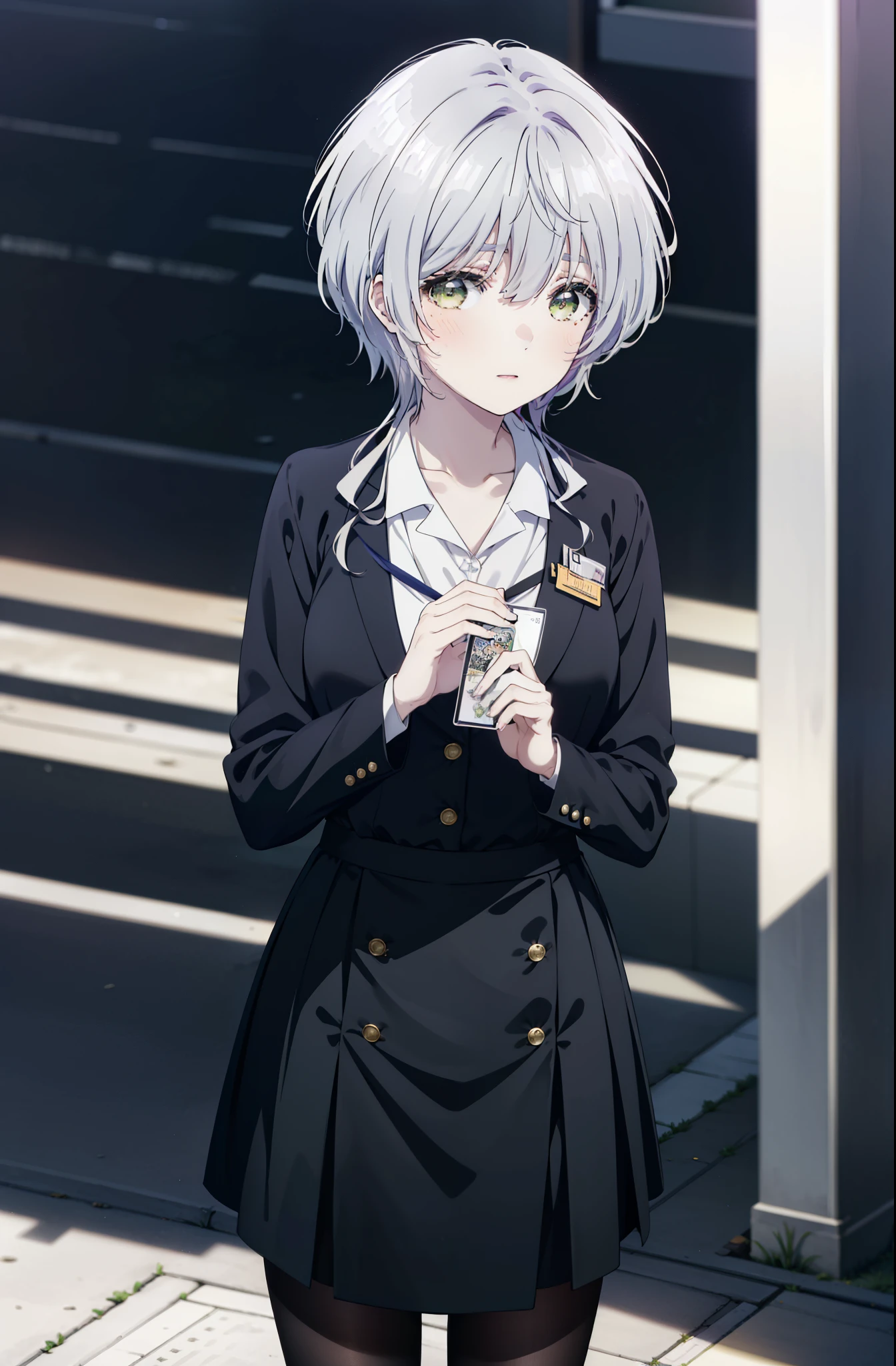 fuukakikuchi, fuuka kikuchi, short hair, bangs, hair between eyes, (green eyes:1.3), gray hair,smile,blush,
black suit jacket, collared jacket, white dress shirt, collared shirt, neckline, button, ID card on neck, black pencil skirt, black pantyhose, stiletto heels, (Medium chest:1.2),morning,morning日,the sun is rising,Business Back,
break outdoors, city,building street,
break looking at viewer,whole body, (cowboy shot:1. 5)
break (masterpiece:1.2), highest quality, High resolution, unity 8k wallpaper, (shape:0.8), (fine and beautiful eyes:1.6), highly detailed face, perfect lighting, Very detailed CG, (perfect hands, perfect anatomy),