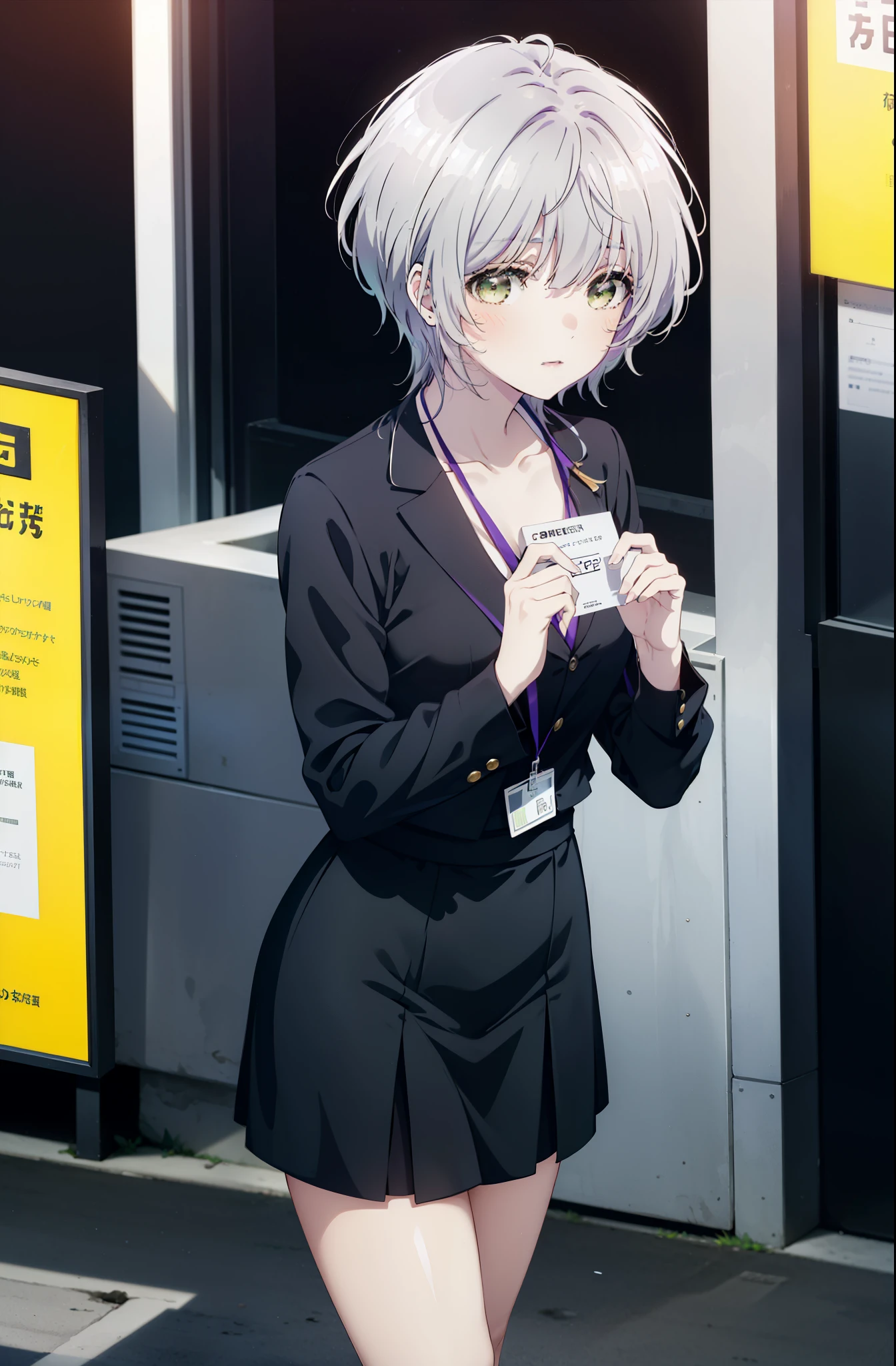 fuukakikuchi, fuuka kikuchi, short hair, bangs, hair between eyes, (green eyes:1.3), gray hair,smile,blush,
black suit jacket, collared jacket, white dress shirt, collared shirt, neckline, button, ID card on neck, black pencil skirt, black pantyhose, stiletto heels, (Medium chest:1.2),morning,morning日,the sun is rising,Business Back,
break outdoors, city,building street,
break looking at viewer,whole body, (cowboy shot:1. 5)
break (masterpiece:1.2), highest quality, High resolution, unity 8k wallpaper, (shape:0.8), (fine and beautiful eyes:1.6), highly detailed face, perfect lighting, Very detailed CG, (perfect hands, perfect anatomy),