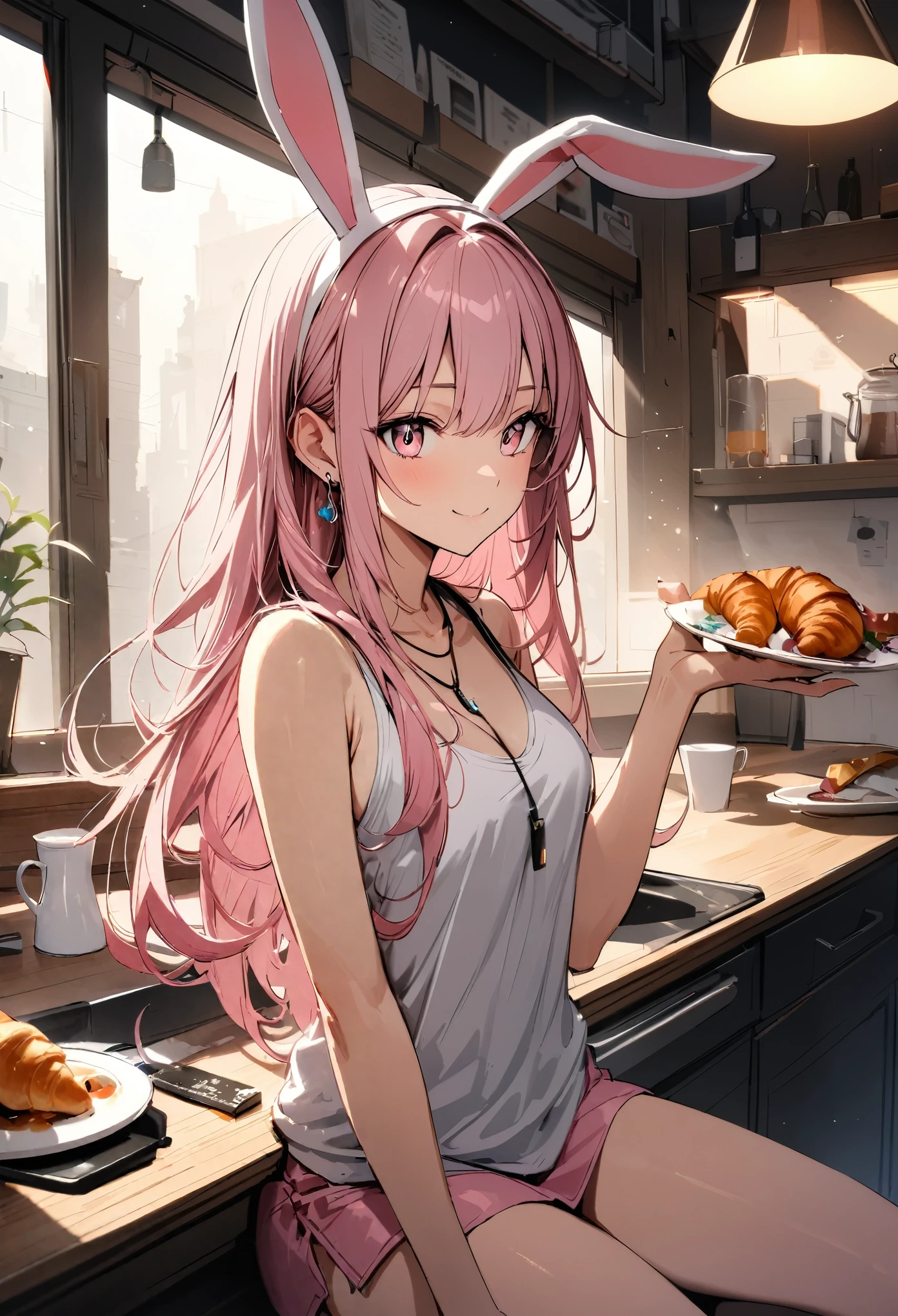 masterpiece, highest quality, Super fine, super fine, 4k, 8K, highest quality, beautiful, cute woman, alone, (beautiful pink hair, beautiful pink eyes, beautiful eyes, long hair, Bunny ears, smile),
break , breakfast, fried egg,sandwich,coffee,Tank top,miniskirt necklace, earrings, accessories, 
great lighting, bloom, Exceptional resolution, Super detailed, highest quality, High resolution, Audio Notes,