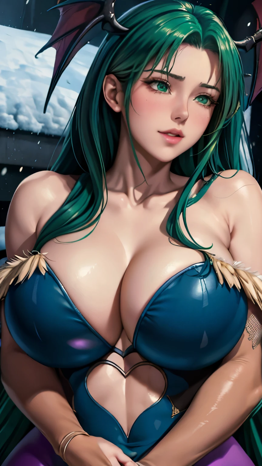 green eyes, (highest quality, masterpiece painting:1.3), immature woman, ************, (half body shot), masterpiece, ultra high resolution, (Photoreal:1.0), green hair, pigtails, straight hair, beautiful shining hair, white and shining skin, ((Ultra realistic details)), octane rendering, highly detailed face, (big breasts:0.8), ((Heart with both hands:1.2)), She wears stunning costumes inspired by Belle Époque style, flowing gold dress decorated with lace and ribbons, (clothing: gold belle époque dress with lace and ribbons),cleavage, perfect body, soft skin, anime face, perfect face, perfect eyes, looking at the viewer, smart, snow scene, ((snow falling)), ((fantastic night)), ((outdoors)), sharp focus, intricate details, professional artwork, (bright colors:1.1), bright colors, diffused lighting, digital blending, ultra-definition body, ultra detail hair, super detailed face, that&#39;It&#39;s trending on pixiv, top button open, Cute gaze, compensate, perfect lips, perfect compensate, Ultra-precision coating,  (light_smile:0.8), (Very embarrassed:1.2), blush your nose,