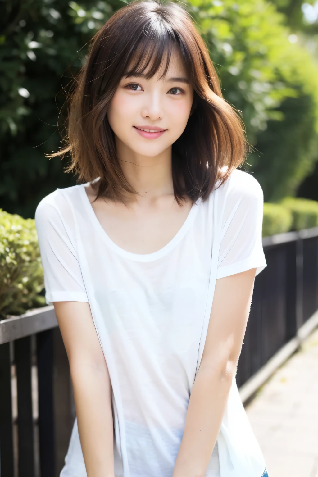 japanese women　medium hair　My personal clothes are simple and white.、Makeup is neither light nor dark　nice smile　model body shape