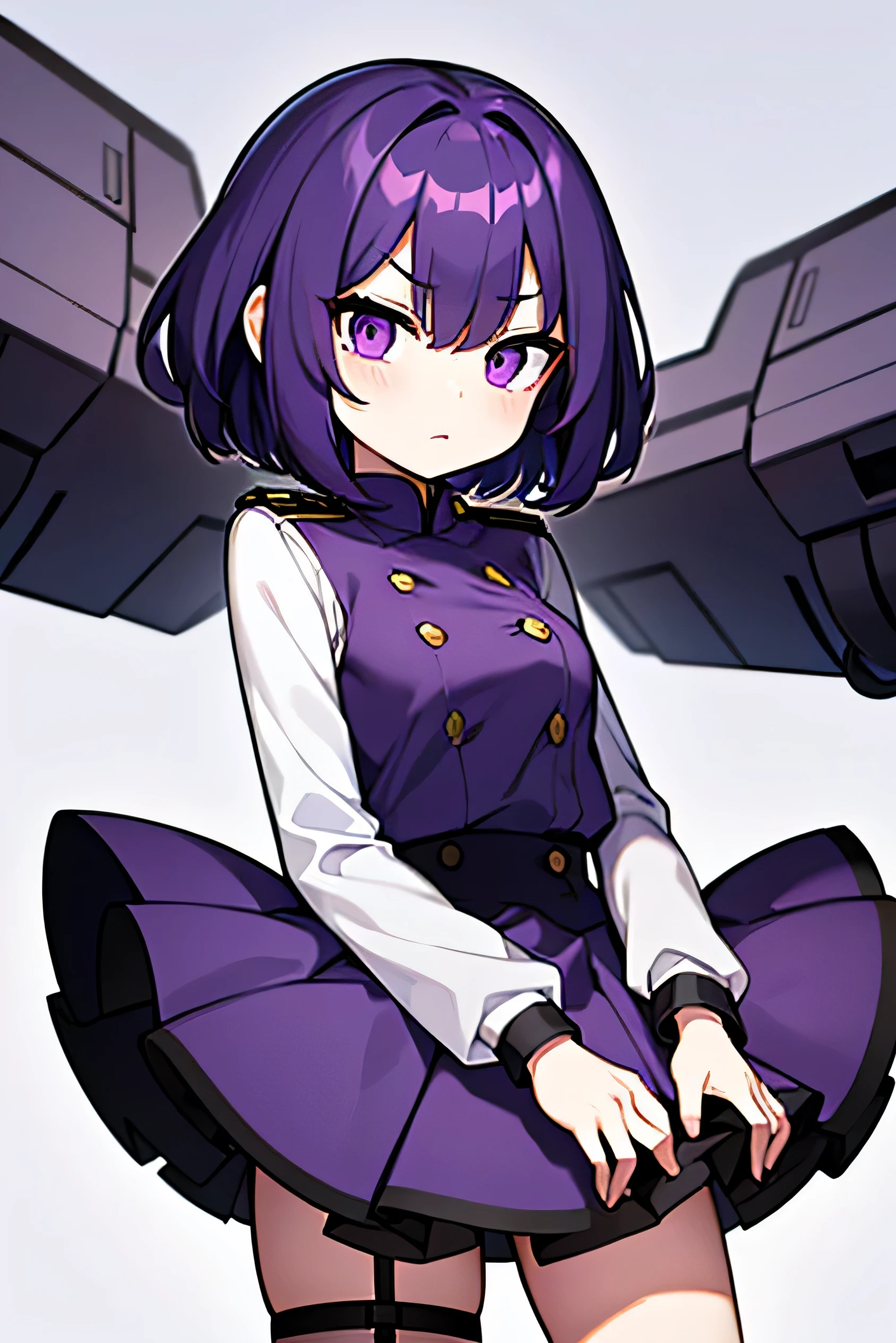 , medium hair, purple hair, hair that bounces outward, purple eyes, military uniform, young face, short, tight skirt, white military uniform, dark blue skirt, kind eyes, dark expression, hair that flies outside, short person, hangar with a giant robot