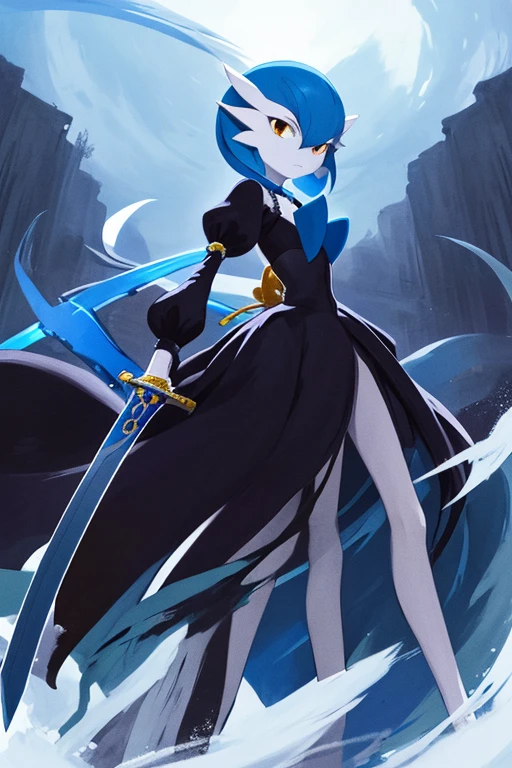 masterpiece, Highest_quality, 1 girl, only, guard, Pokemon \(living things\), blue hair, Black dress, right hand held horizontally、blue sword in right hand