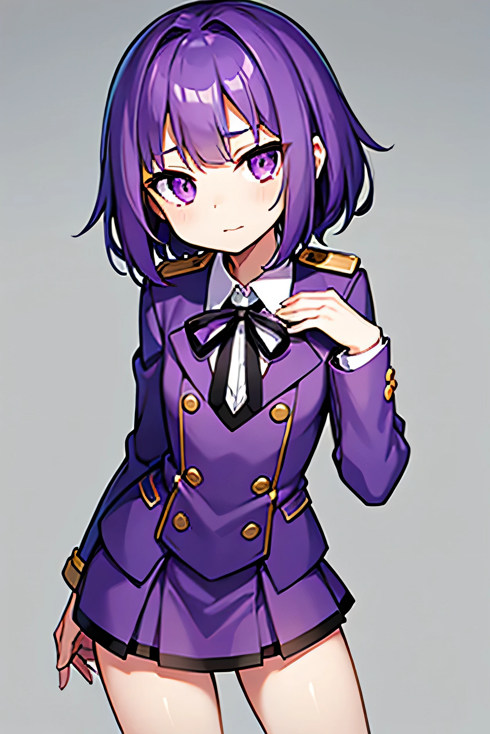 small chest medium hair purple hair hair that hangs outward purple eyes uniform young face short Tight Skirt