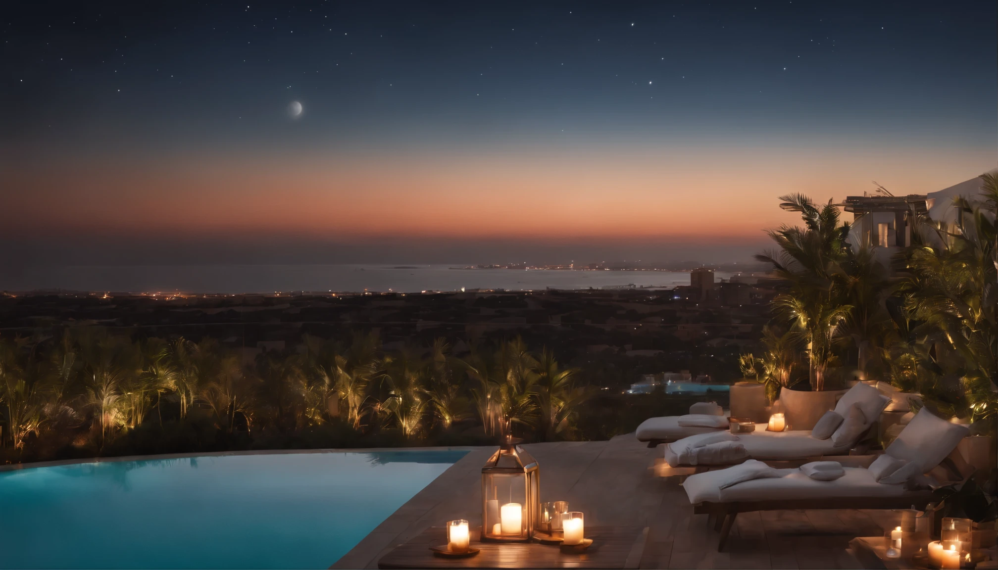 Commercial photography, real photography, movie style, photorealistic, 8K.
Calm, quiet night atmosphere. The stars are beautiful in the sky.
Mysterious full moon, high-rise apartments, rooftop infinity pools,
Dubai, relaxing in a poolside cabana, cushions, candles,
Plants, looking out over the pool to see the ocean, the beautiful horizon, the magical night sky,
Calming indirect lighting. Warm light, relaxing space.