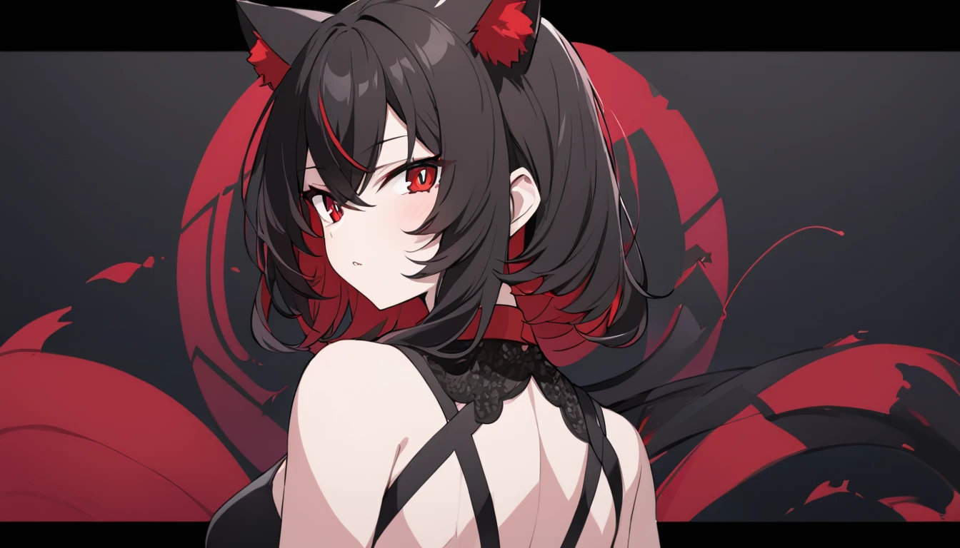 very beautiful girl、Kurokami、long、perm、red eyes、beautiful eyes、Cat ear、back view
