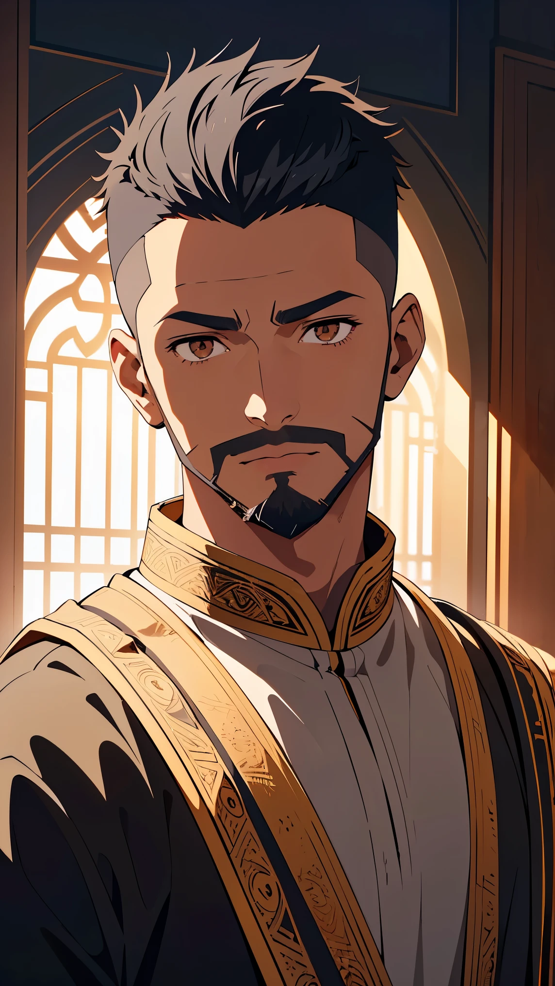 Anime,man1,male,(black skin),(Round face, brown eyes, Stubble Beard),((black hair, bald fade hiarcut)),( Arabic costume for man),Highly detailed CG,8K wallpapers،Highest quality, high resolution, beautiful lighting, realistic shadow, high resolution,highly detailed, detailed dark skin,detailed face and eyes, realistic eyes