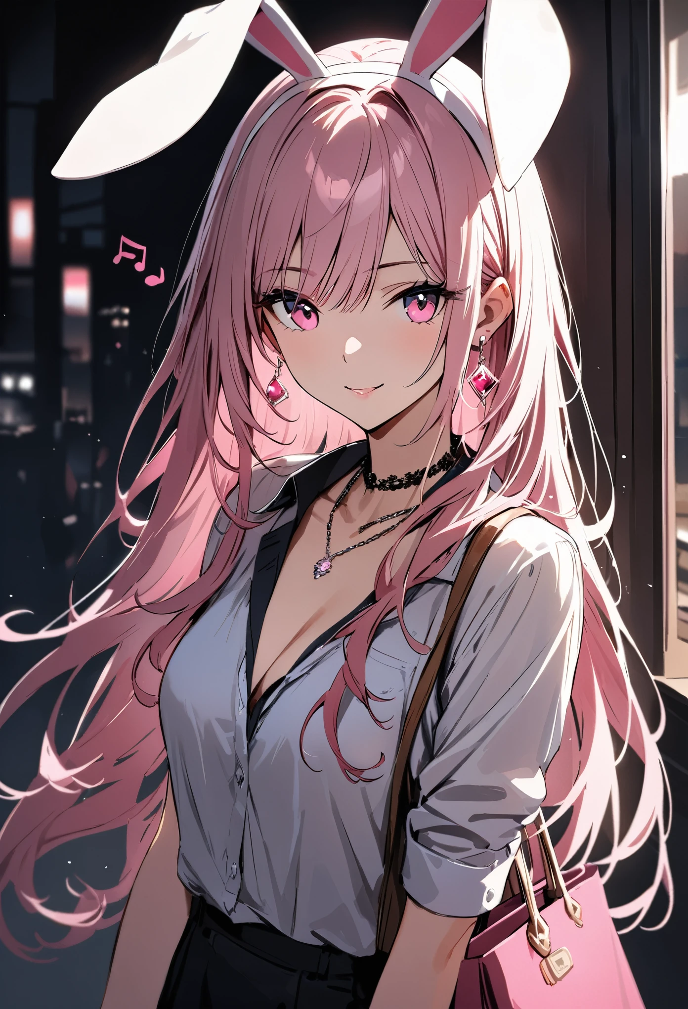masterpiece, highest quality, Super fine, super fine, 4k, 8K, highest quality, beautiful, cute woman, alone, (beautiful pink hair, beautiful pink eyes, beautiful eyes, long hair, Bunny ears, smile),
Break Company、Business service、coffee, 
break prada, necklace, earrings, accessories, bag,
great lighting, bloom, Exceptional resolution, Super detailed, highest quality, High resolution, Audio Notes,