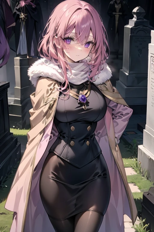 a pink haired woman with violet eyes with an hourglass figure is wearing a cloak in the cemetery