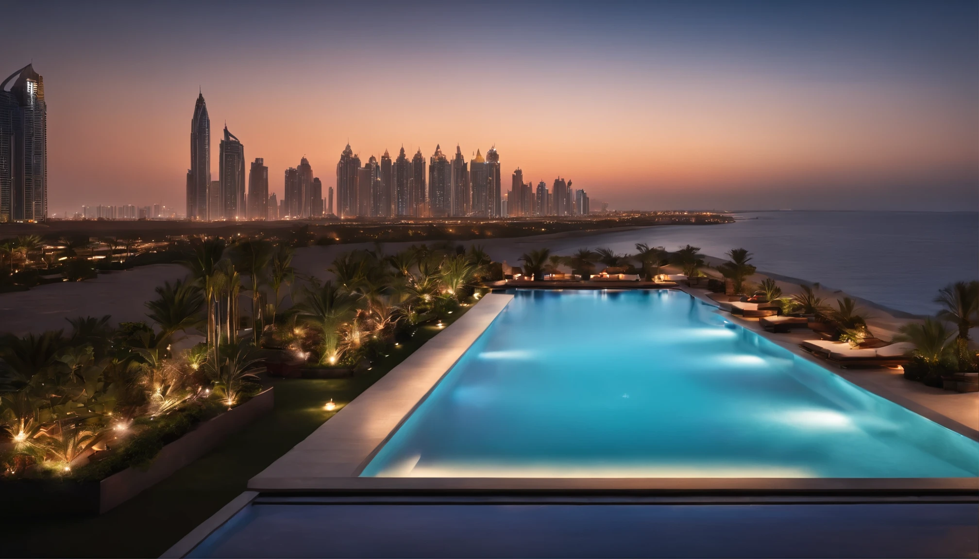 Commercial photography, real photography, movie style, photorealistic, 8K.
Calm, quiet night atmosphere. The stars are beautiful in the sky.
Mysterious full moon, high-rise apartments, rooftop infinity pools,
Dubai, relaxing in a poolside cabana, cushions, candles,
Plants, looking out over the pool to see the ocean, the beautiful horizon, the magical night sky,
Calming indirect lighting. Warm light, relaxing space.
