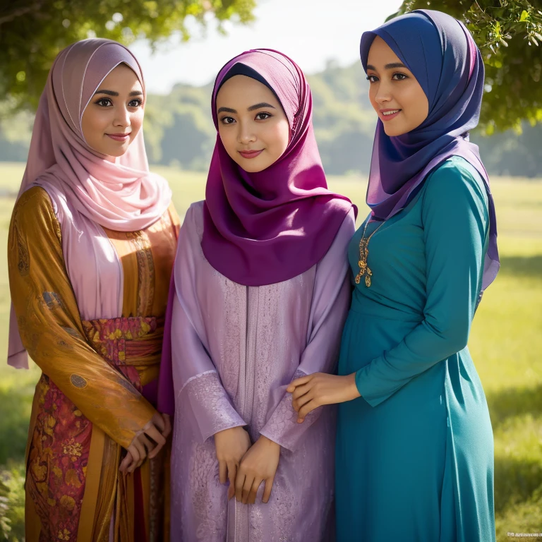 beautiful muslimah girls, wearing traditional silk baju kurung, ultra-detailed, detailed faces, detailed skins, 8k masterpieces, cinematic lighting, firm push-up bosom, modest bosom, slim and slender body, long hijab, eid mubarak, in malay village, picnic in the meadow with a basket full of fruits and flowers