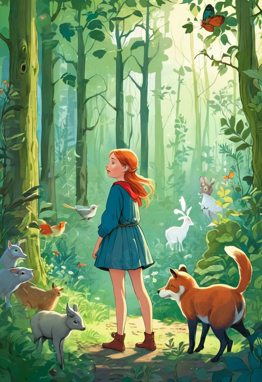 Illustration for a fairy tale about a girl, standing in the forest, who can talk to animals
