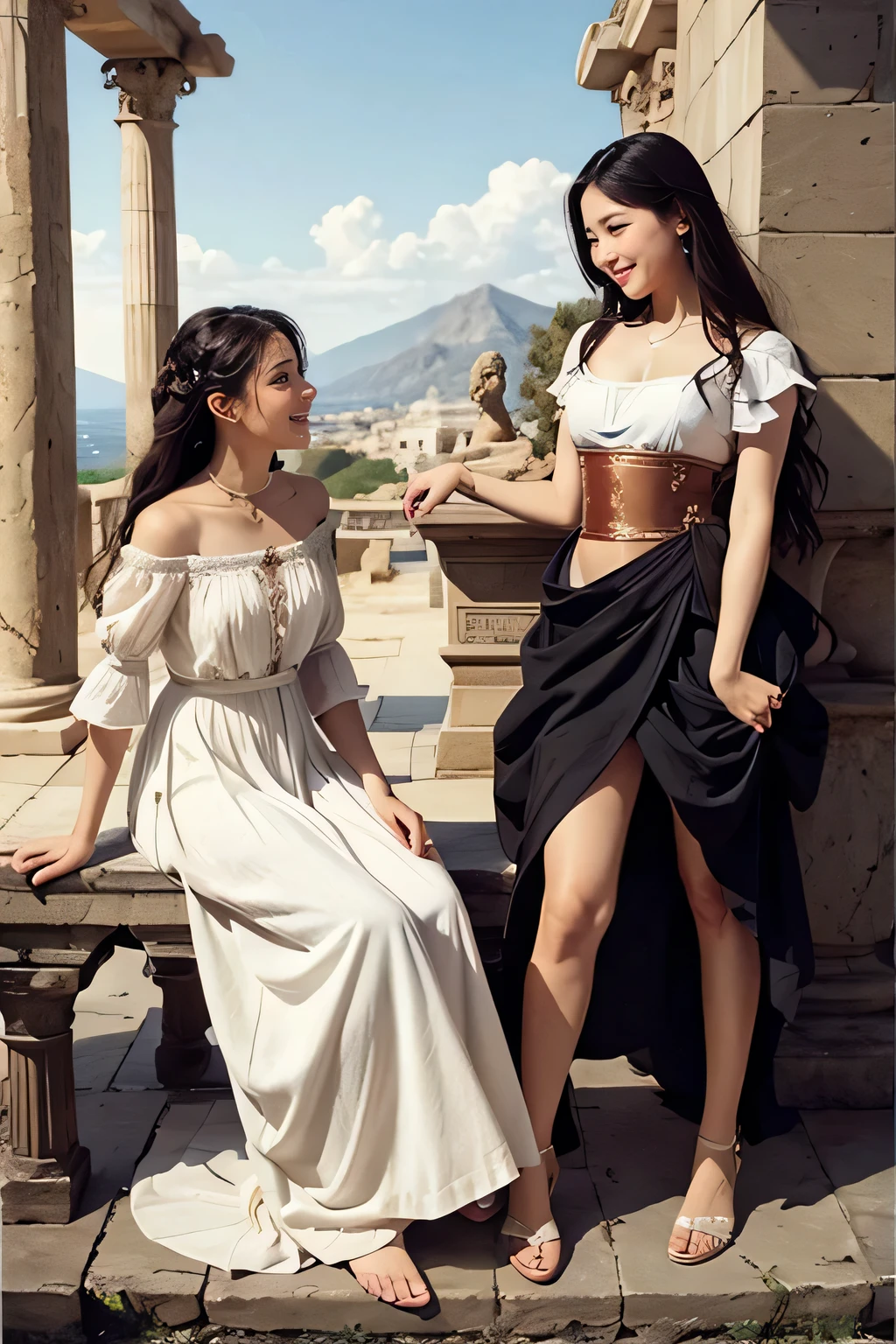 full body portrait or statue、Giorgione painting style,Arguments of two female Philosophe,math、astronomical machine、astronaut、roses in vase、fruits、Cute trinkets、smile、ancient greek costume、Ancient Roman landscape in the style of Nicolas Poussin,laughter,,Sweet and seductive appearance.、Caravaggio's paintings、Chiaroscuro of Caravaggio、hair tousled by the wind,Two women frolicking,cute smile, expression of ecstasy,Sexy,erotic