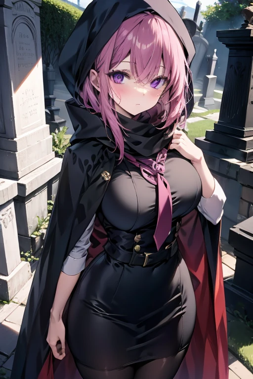 masterpiece、highest quality、Very detailed、Photograph the upper body、1 female、(Put your arms behind your back:1.4)、Are standing、Turn your body forward、View your viewers、(red-cloak)、break,blush、shy、Pink Hair、Open your mouth、In town、Big Breasts、