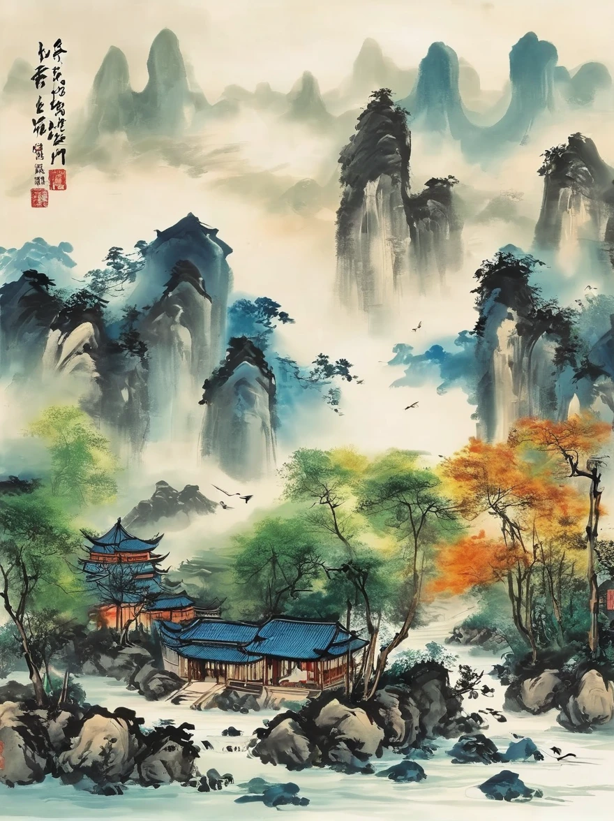 Qiman.com, a river,There is a boat in the water,There is an island on a mountain, ink painting, Chinese style,