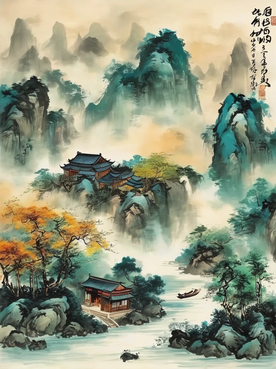 Qiman.com,  a river，There is a boat in the water，There is an island on a mountain, ink painting, Chinese style, 