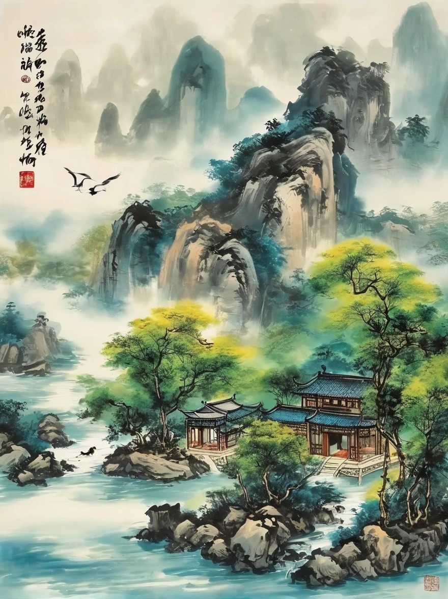 Qiman.com, a river,There is a boat in the water,There is an island on a mountain, ink painting, Chinese style,