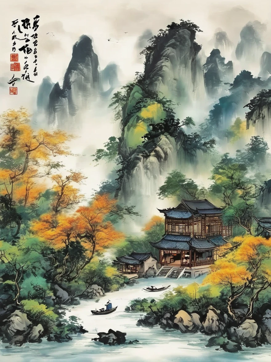 Qiman.com, a river,There is a boat in the water,There is an island on a mountain, ink painting, Chinese style,