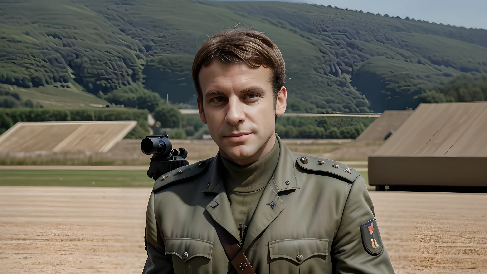 Emmanuel Macron vêtu d'un treillis militaire ainsi qu'un veste militaire, with a gun in his right hand, in the background we can see a shooting range where people practice shooting. UHD resolution, 12K,ultra realistic, grain de la peau nette, detailed.