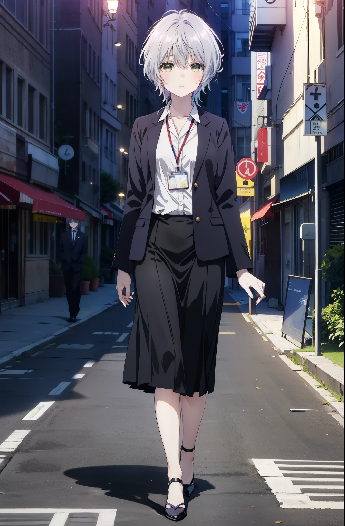 fuukakikuchi, fuuka kikuchi, short hair, bangs, hair between eyes, (green eyes:1.3), gray hair,smile,blush,
black suit jacket, collared jacket, white dress shirt, collared shirt, neckline, button, ID card on neck, black pencil skirt, black pantyhose, stiletto heels, (Medium chest:1.2),morning,morning日,the sun is rising,Business Back,walking,
break outdoors, city,building street,
break looking at viewer,whole body, (cowboy shot:1. 5)
break (masterpiece:1.2), highest quality, High resolution, unity 8k wallpaper, (shape:0.8), (fine and beautiful eyes:1.6), highly detailed face, perfect lighting, Very detailed CG, (perfect hands, perfect anatomy),