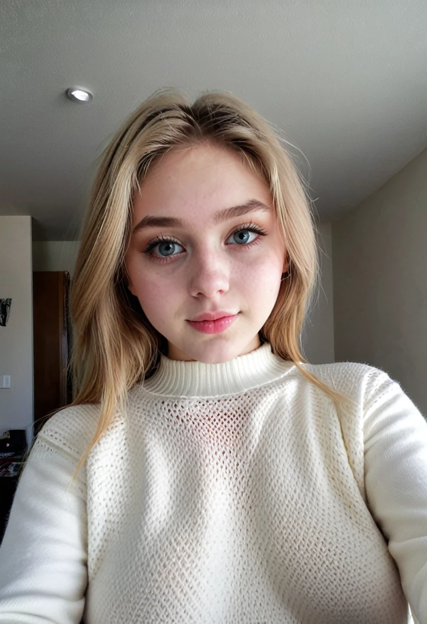 Blonde American age girl wearing white knitted sweater, une minijupe, gros seins, maquillage, selfie pour reddit